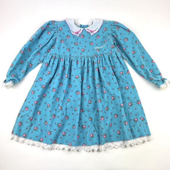 OSHKOSH B'GOSH Corduroy Long Sleeve Dress VTG 90s Floral Blue Kids Youth Girl 6 - Picture 1 of 15